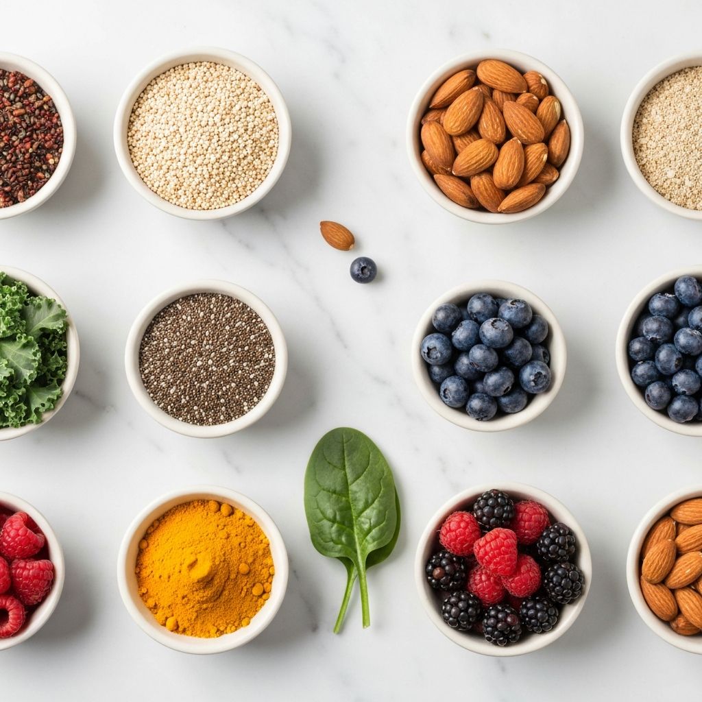 Fresh superfoods โ quinoa, nuts, berries and turmeric